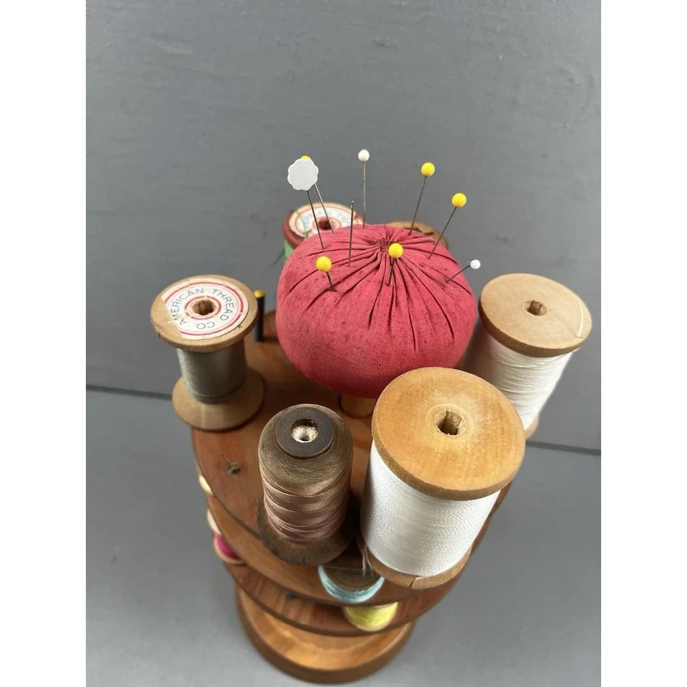 ANTIQUE Sewing THREAD Holder Caddy PIN CUSHION Wood Turned tiered 29 wood spools